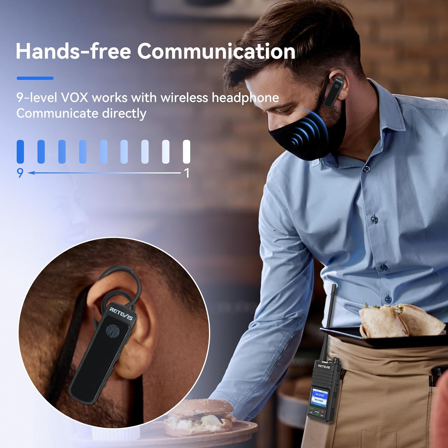 Retevis RB58 Bluetooth Walkie Talkie with Wireless Earpiece, Business Waterproof Two Way Radio, Noise Cancelling, APP Control, Group Call, 256CH, VOX, for Restaurant Retail Hotel(4 Pack)