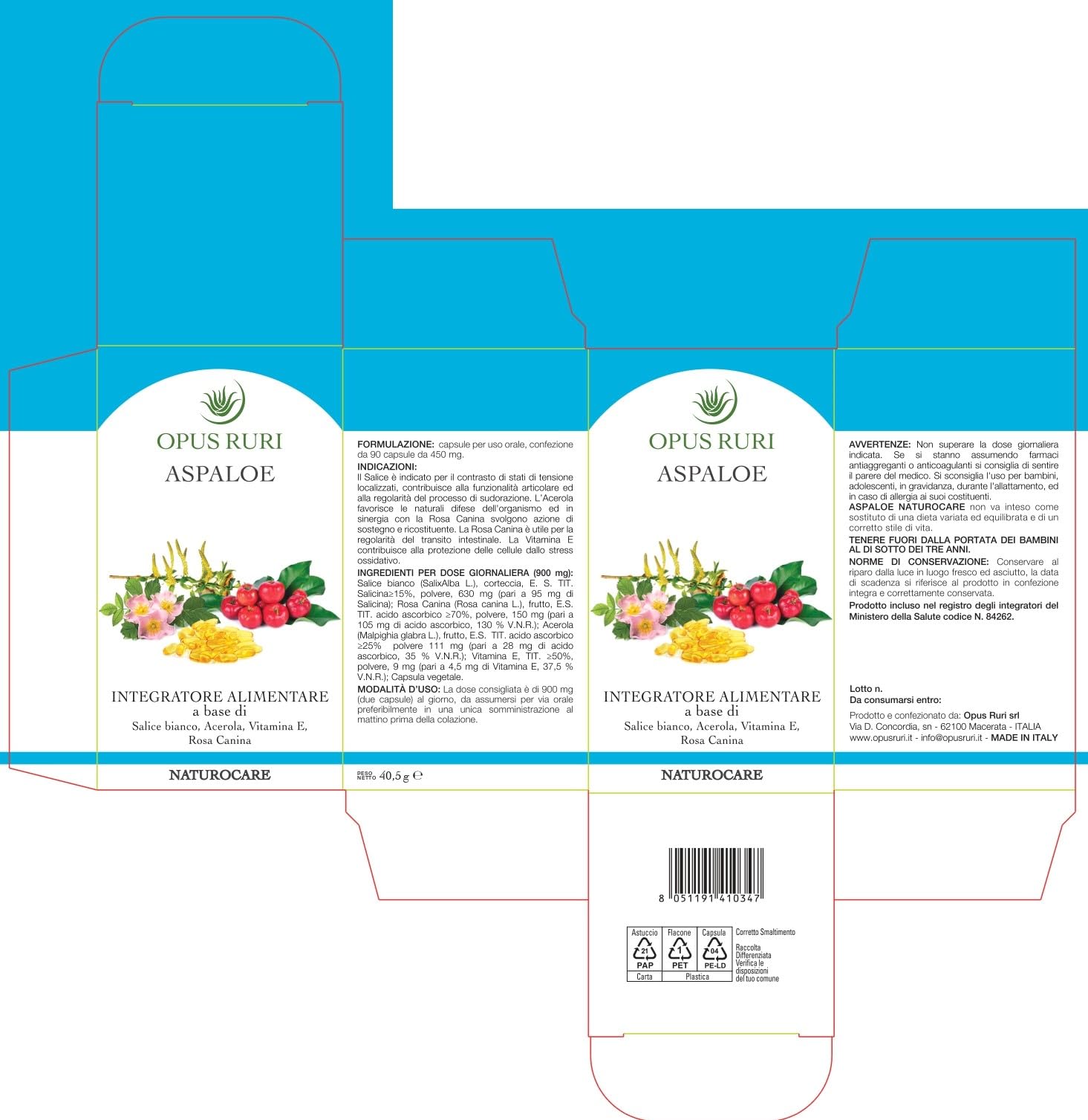 Aspaloe Naturocare - Integratore Alimentare con Salice, Acerola, Vitamina E e Rosa Canina - 90 Capsule da 450 mg - Integratore Articolazioni e Supporto Difese Immunitarie - 100% Naturale