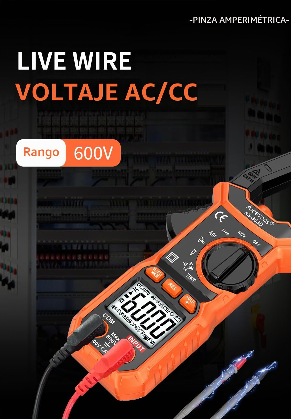 Pinza Amperimétrica CA/CC, 6000 Cuentas Pinza Multímetro para Medir Voltaje & Corriente CA/CC, Temperatura, Continuidad, NCV, Diode, con Linterna, Luz de Fondo, Mandíbula en Forma de D