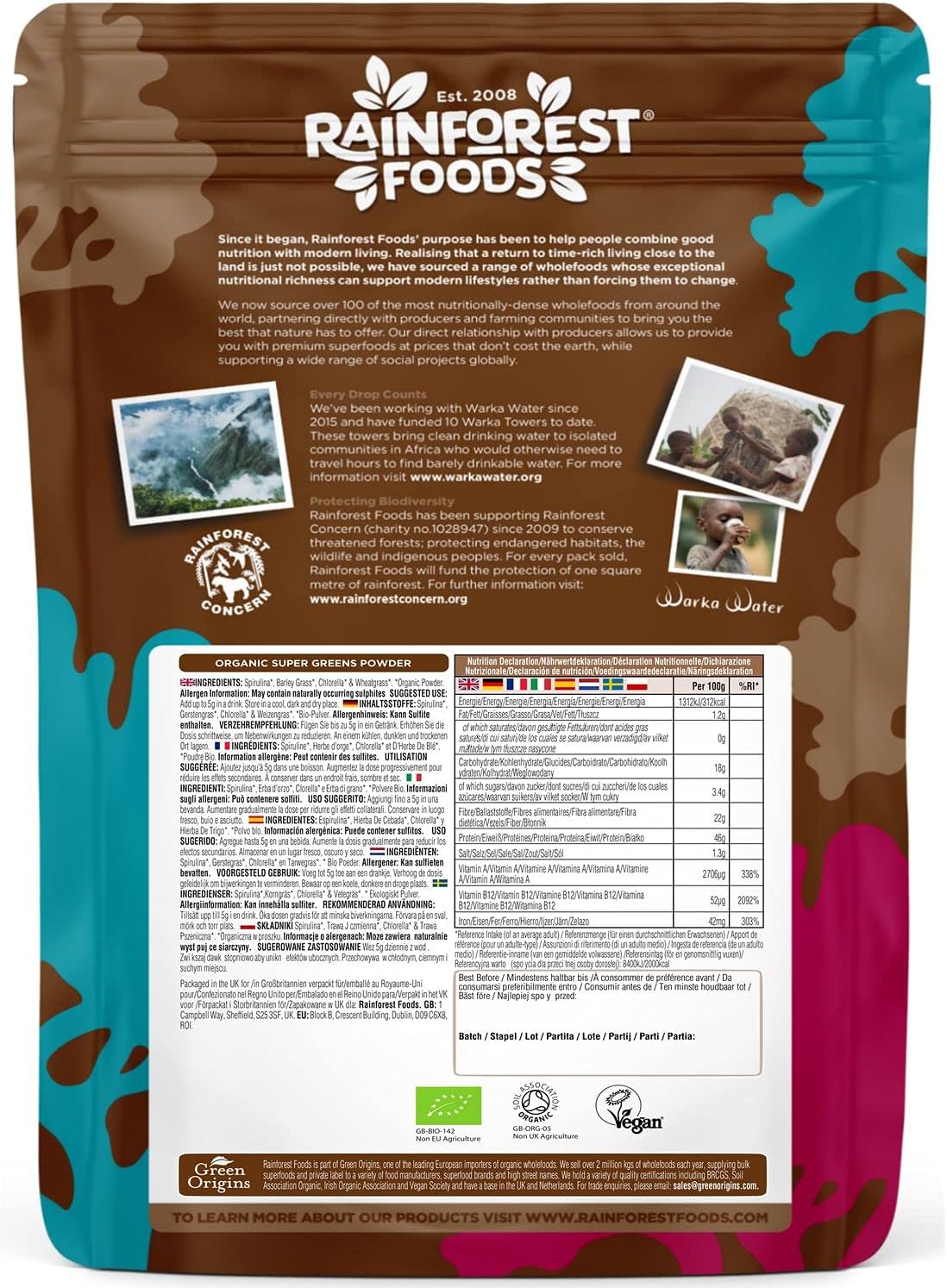 Rainforest Foods Organic Super Greens Powder, Blend of Spirulina