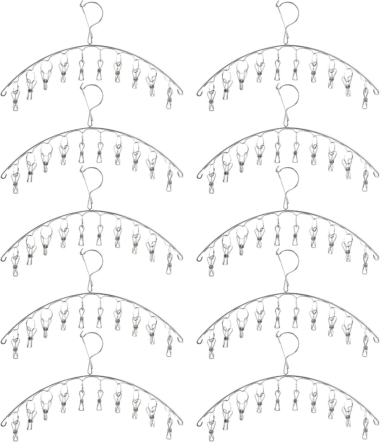 Suwimut 10 Pack Stainless Steel Laundry Drying Rack Clothes Hanger with 10 Clips Windproof for Drying Socks, Bras, Cloth Diapers, Towel, Underwear, Scarf, Hat, Pants and Gloves