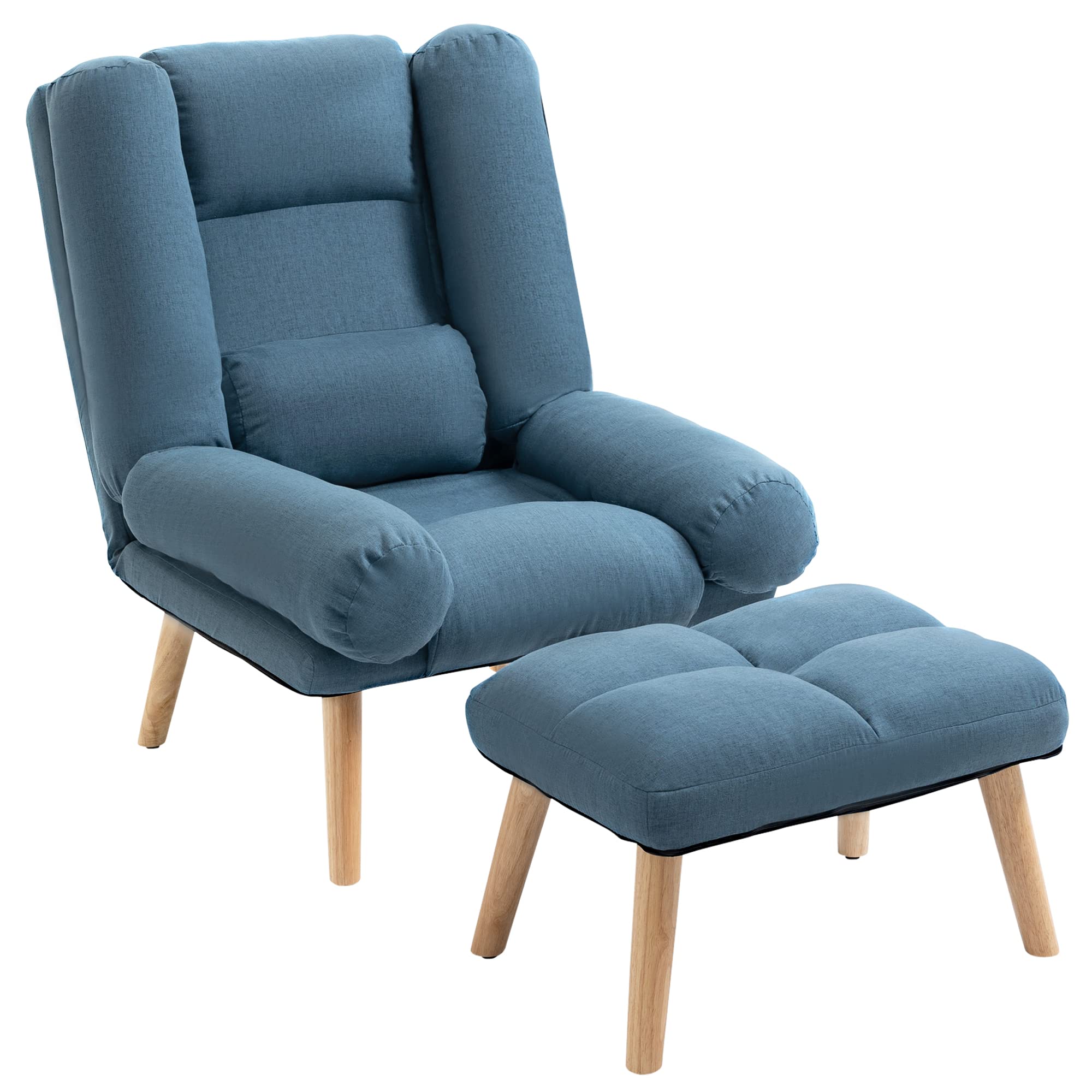 HOMCOM Recliner Chair with Footstool, Linen-Look Fabric Recliner Armchair with Adjustable Backrest, Thick Cushion and Wooden Legs, Reclining Chair for Living Room, Bedroom, Blue โ image 1