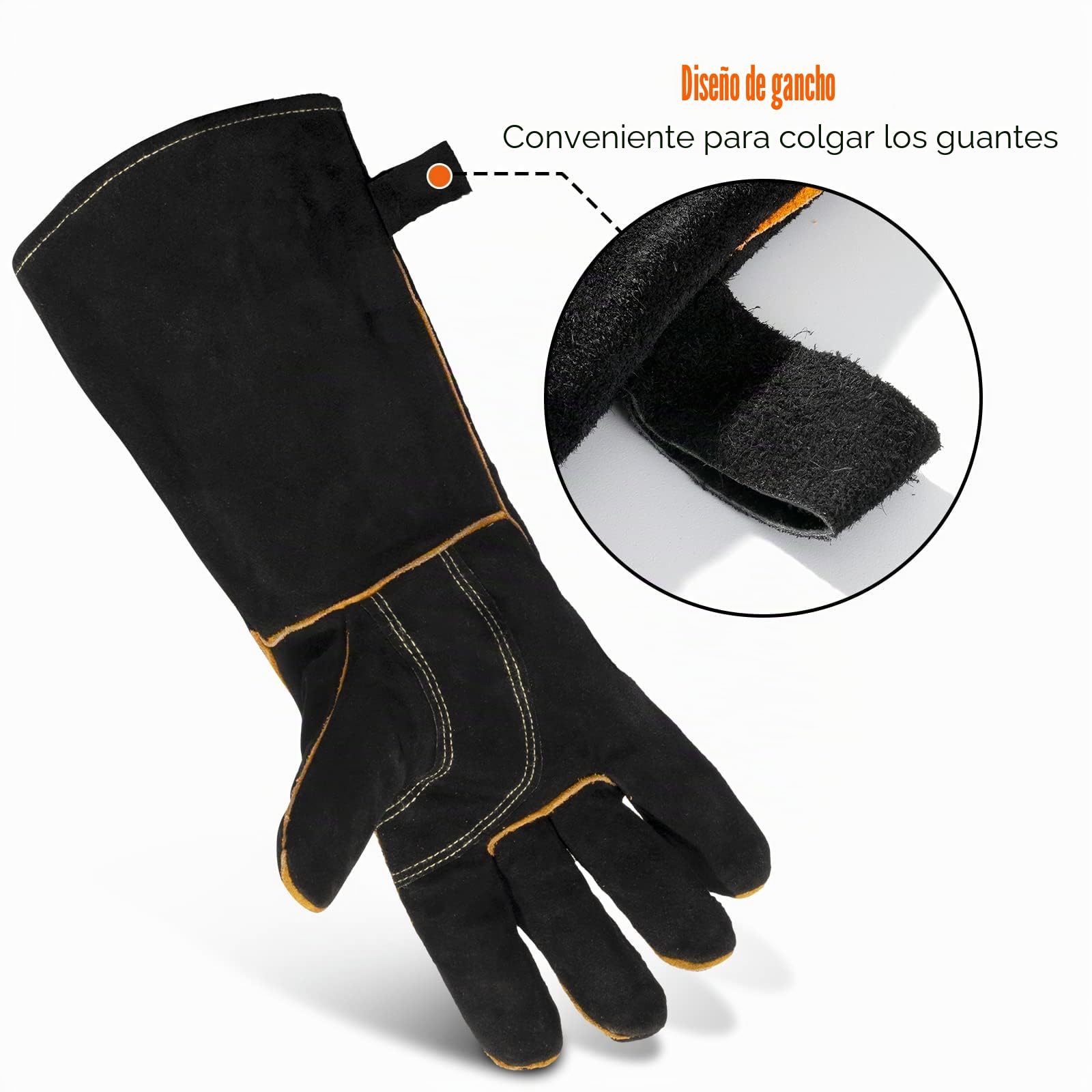 LeaSeek Guantes de Soldadura,Guantes de cuero resistentes para barbacoas (parrillas), soldadura y chimeneas. Resistentes al calor e ignífugos (14-inch, Negro)