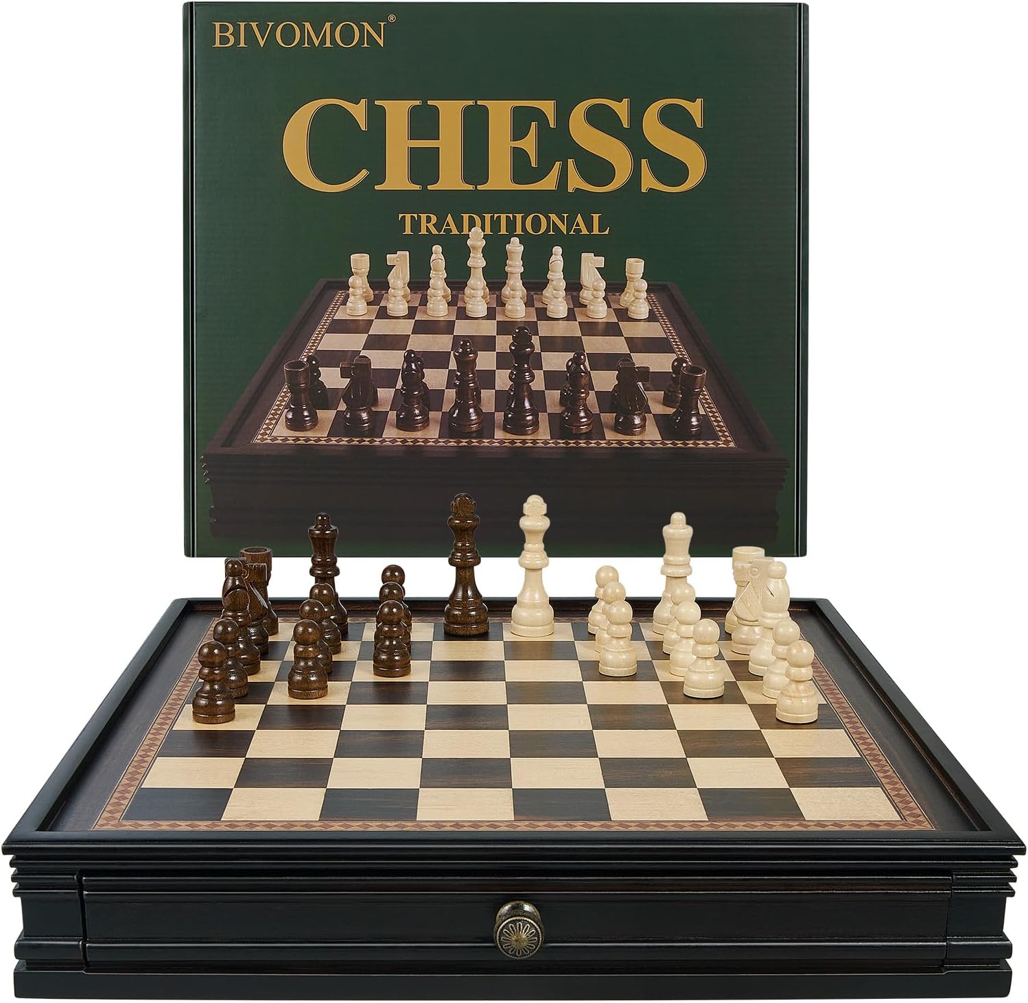 BIVOMON 12.5’’ Wooden Chess Set, Magnetic Chess Pieces with 2 Built-in Storage Drawers - Chess Broad Game for Beginner, Kids, Adults - 2 Bonus Extra Queens