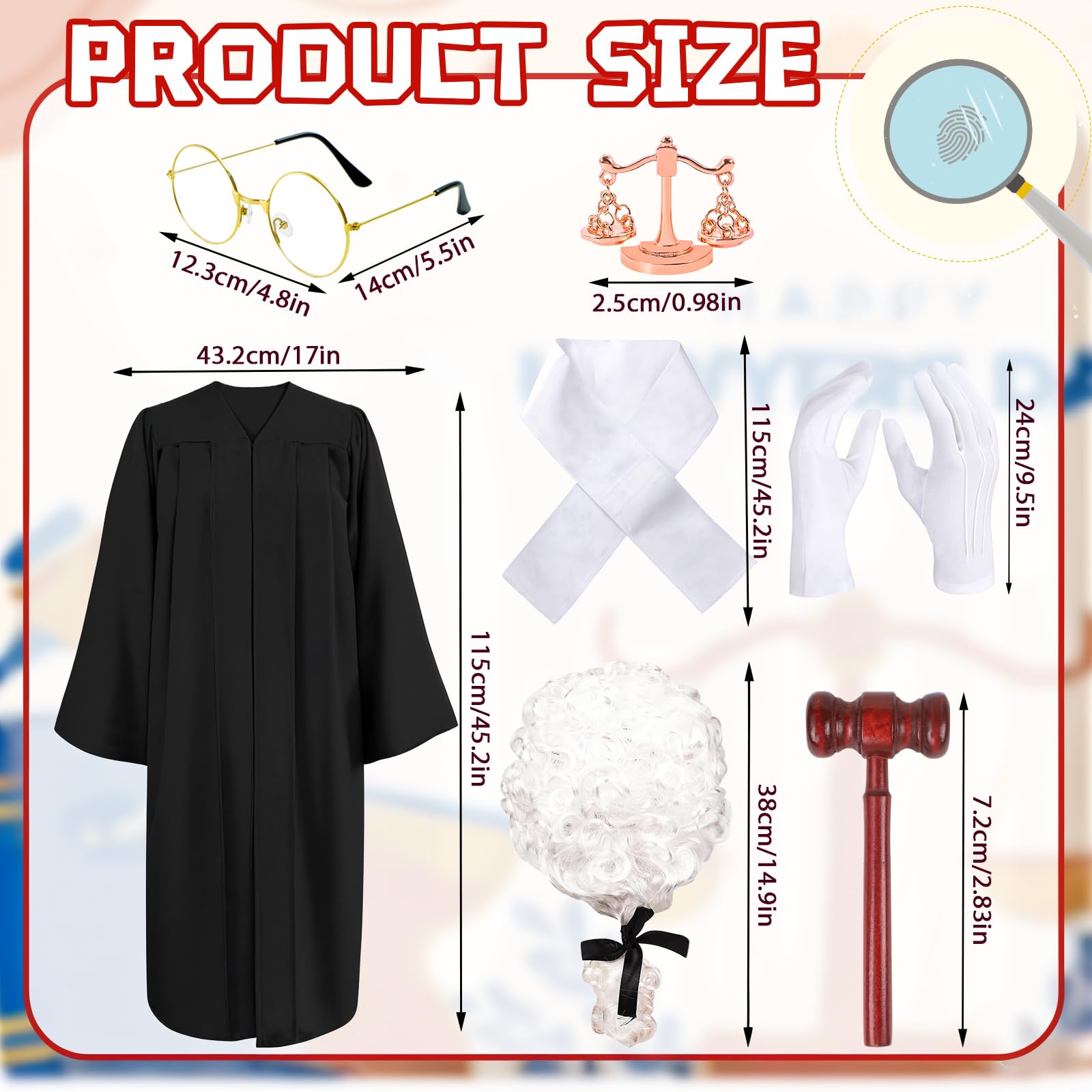 Kyndara 7Pcs Judge Costume Set for Adults Court Lawyer Fancy Dress Outfit Kit with Wig Robe Glasses Gloves Gavel Collar Brooch for Courtroom Cosplay Makeup Theme Party Halloween - Image 2