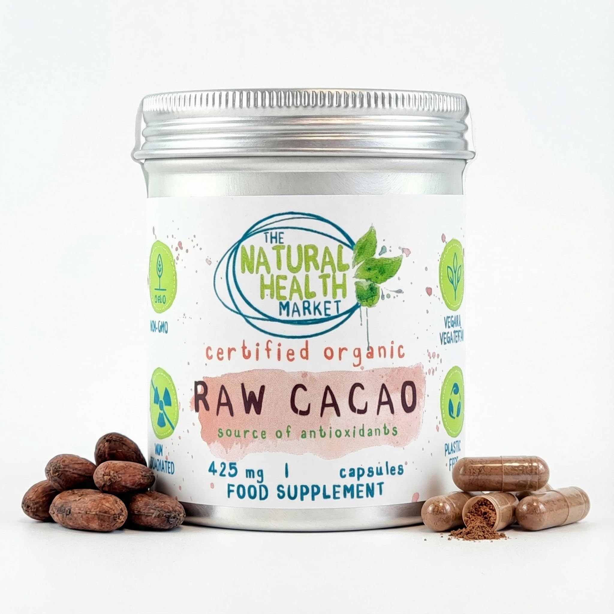RAW Organic Cacao Capsules 425mg by The Natural Health Market | Vegan Friendly | Plastic Free Packaging (120 Capsule - TIN)