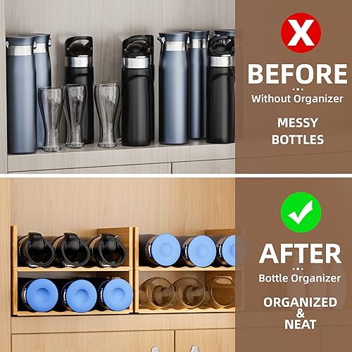 Miniatura 3 de MinBoo Estantes de vino de bambú de 2 niveles, organizador de vino para gabinete, estante apilable de almacenamiento de botellas de agua para