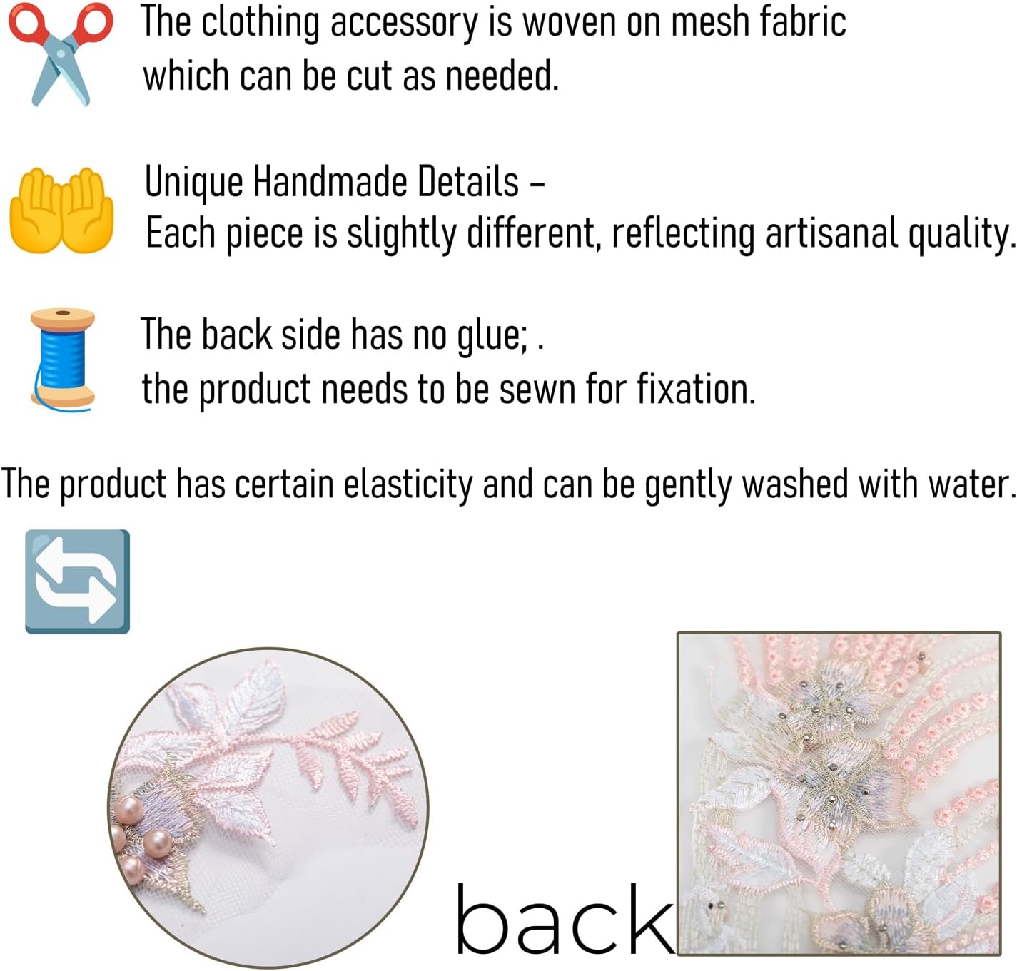 Beaded Pearl Flower Fabric Lace Applique, Floral Embroidered Patches Handmade Sewing Tool for DIY Neckline Bodice Wedding Bridal Prom Dress(Pink-Large)