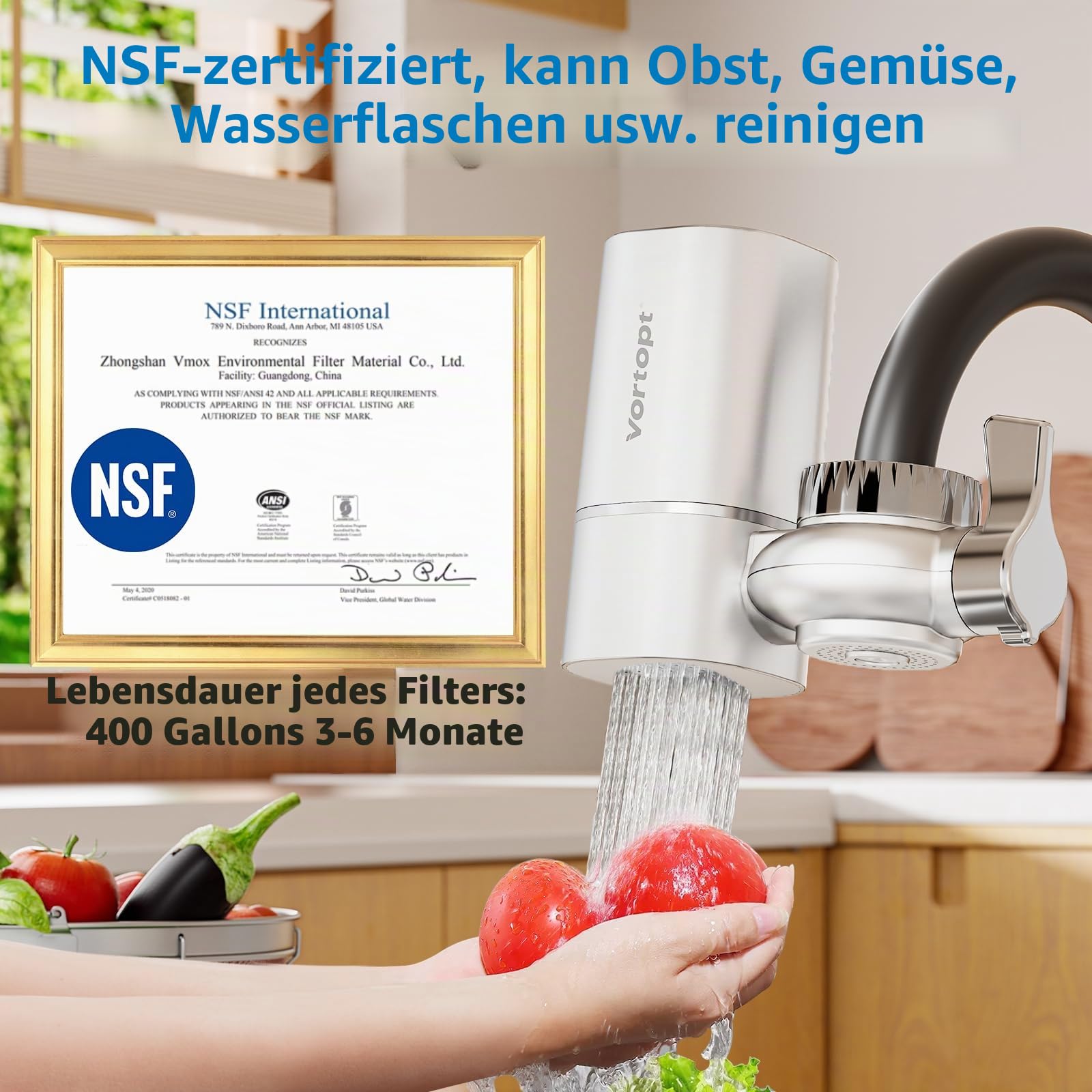 Vortopt Wasserfilter Wasserhahn, NSF Zertifiziertes Wasserhahnfilter, Leitungswasserfilter, Reduziert Blei, Flourid und Chlor – Passend für Standard-Wasserhähne, T1 (1 Filter Enthalten)