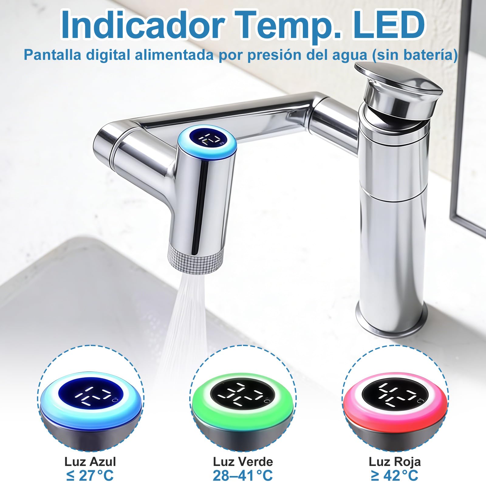 Grifos de baño, grifo de baño con indicador de temperatura, grifo mezclador de lavabo giratorio 1080°, grifo de lavabo, altura ajustable, grifo monomando (batería)