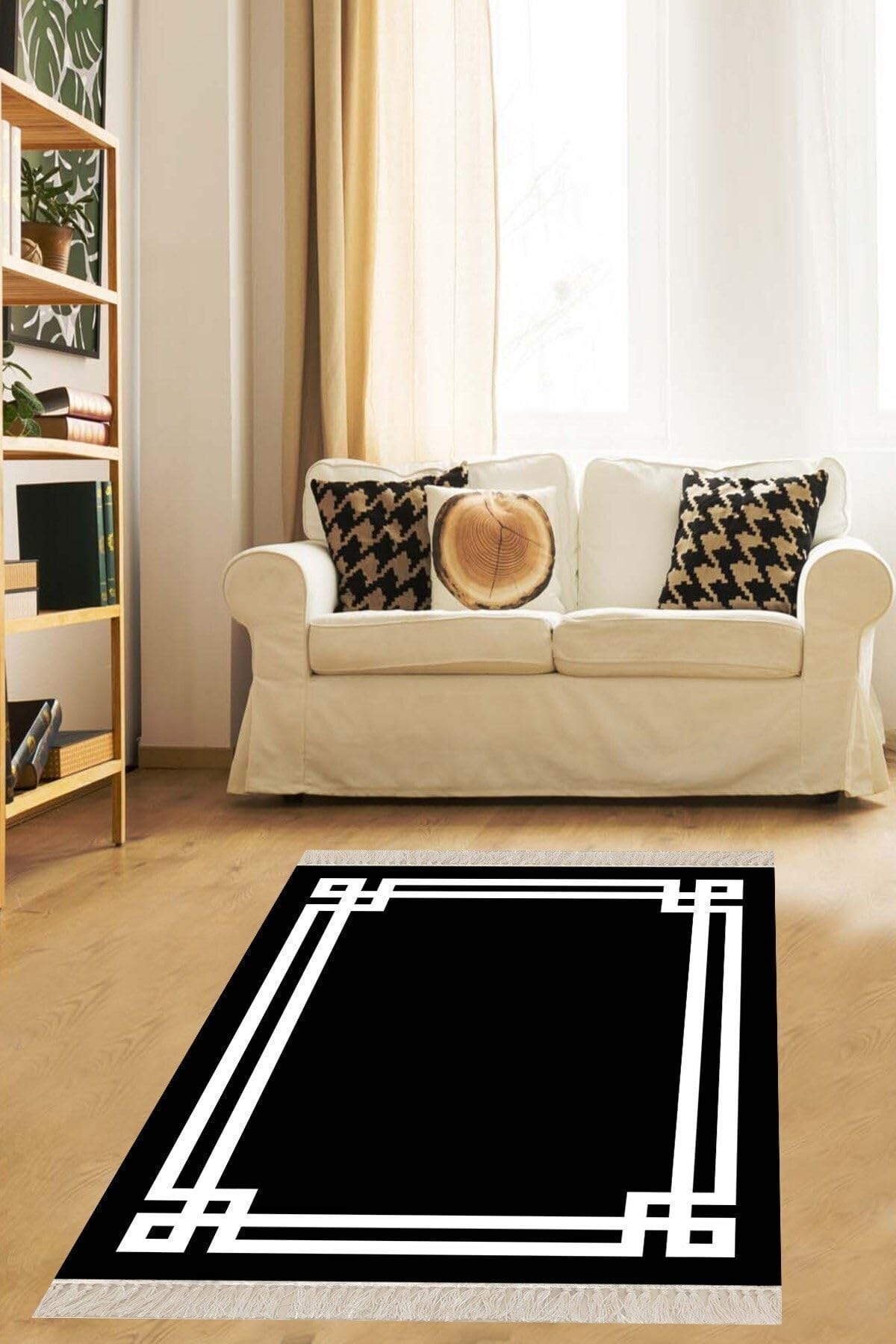 Pelangi Geometrik Desenli Dijital Baskı Yıkanabilir Kaymaz Taban Düz Model Salon Halısı ve Yolluk, Siyah-Beyaz 130 x 180