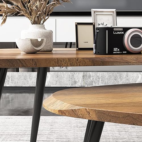 Miniatura 5 de SURUIM Juego de mesa auxiliar ovalada, combinación de 2 piezas, diseño de grano de madera, patas de metal resistentes para salas de estar modernas,