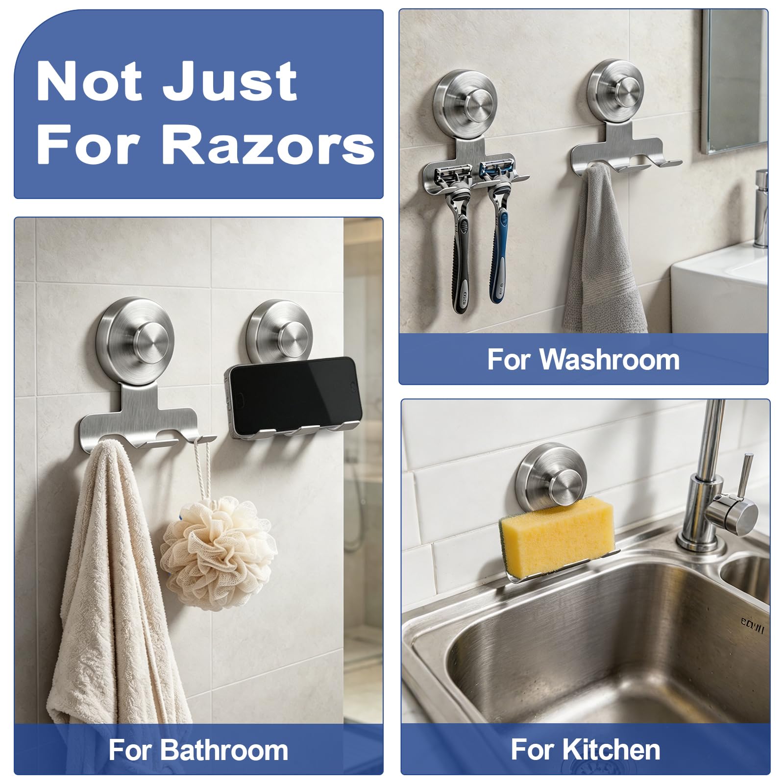 2 Pezzi Supporto per Rasoio Doccia con Ventosa, Gancio a Ventosa in Acciaio Inox, Riutilizzabile, Senza Foratura – Organizzatore Doccia per Asciugamani, Accappatoi, Bagno, Cucina (Argento)