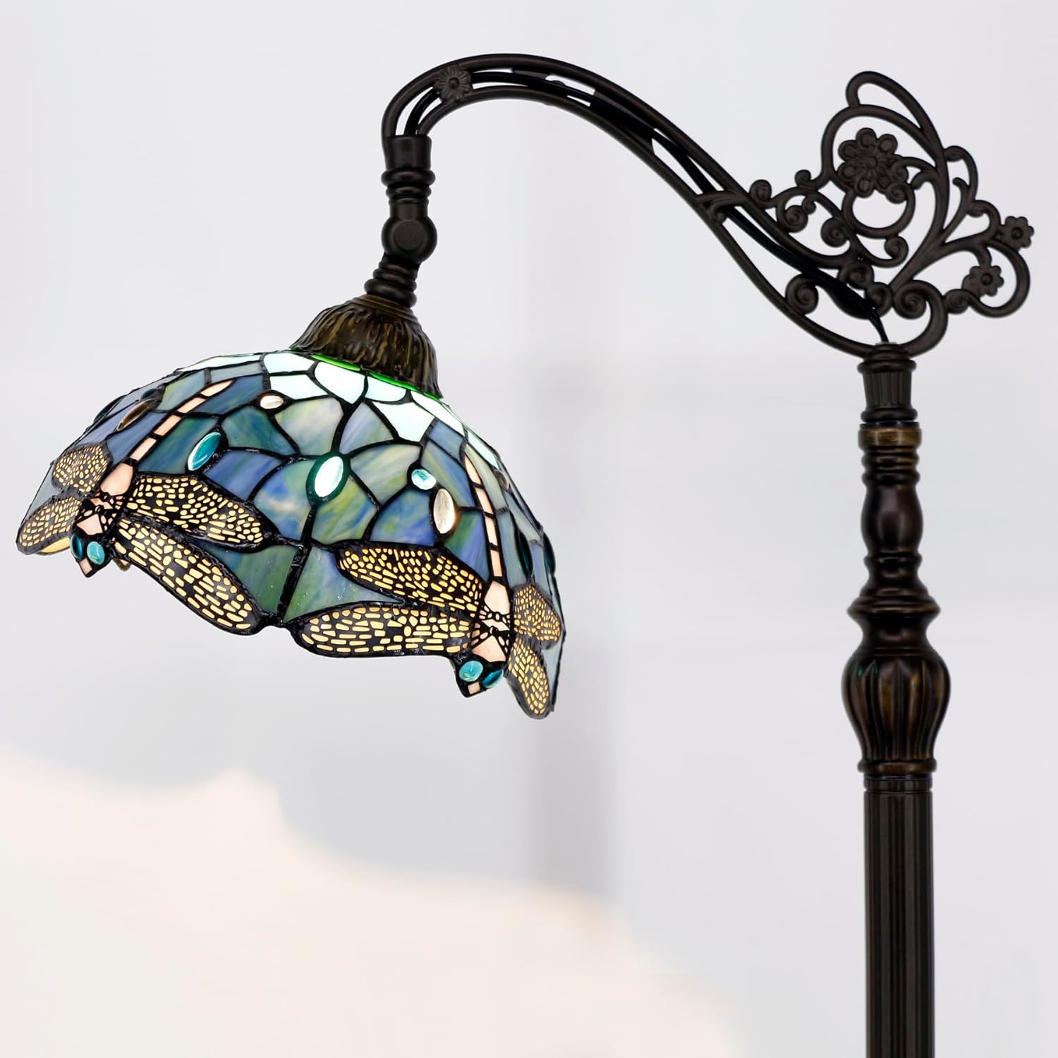 Tiffany Floor Lamp Stained Glass Sea Blue Dragonfly Arched Reading Light Gooseneck Adjustable Corner Standing Lamp 10X16X64 Inch for Bedroom Living Room Home Office