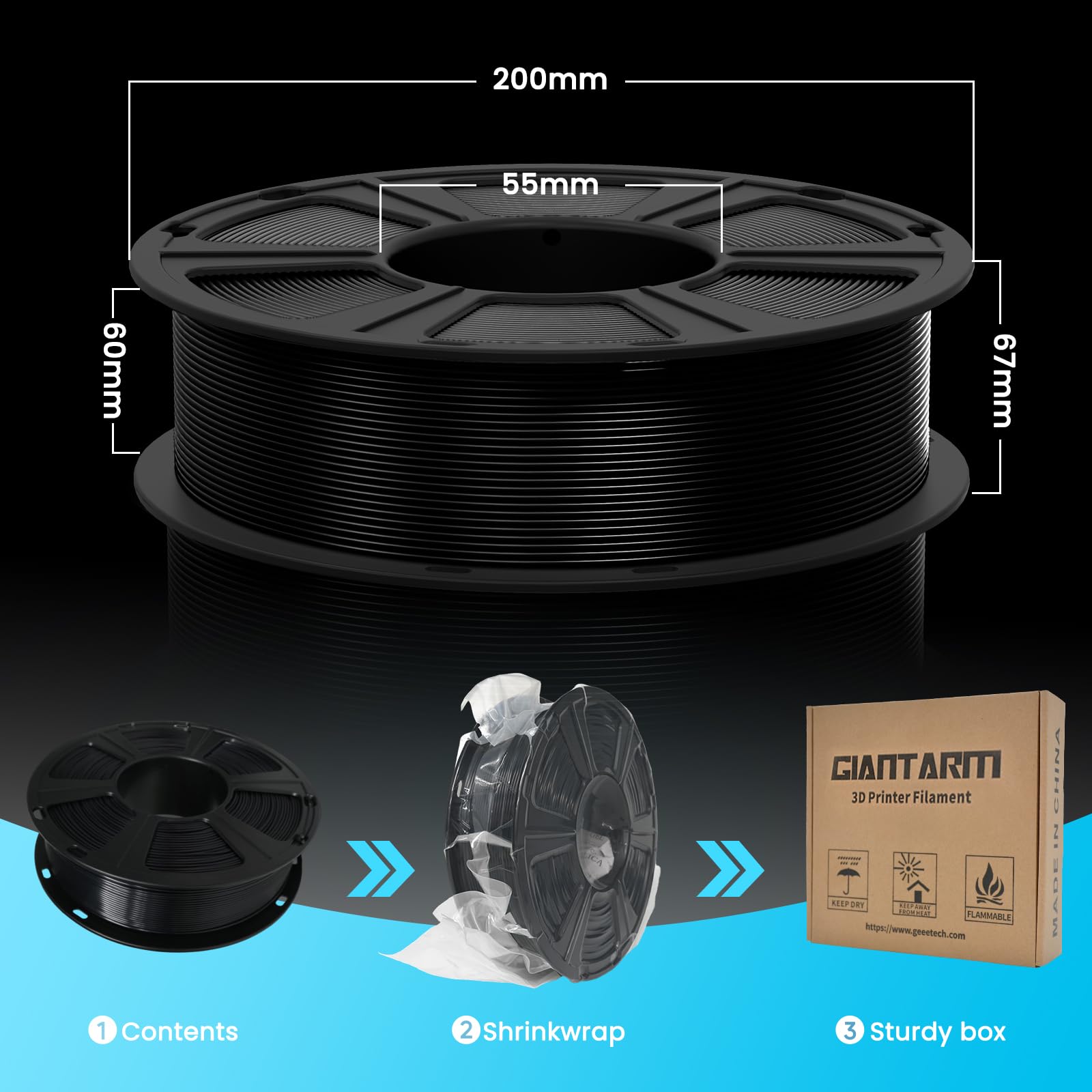 GIANTARM Filamento PETG da 1,75 mm, per stampante 3D, filamento PETG da 2 kg, precisione dimensionale +/-0,03 mm, nero