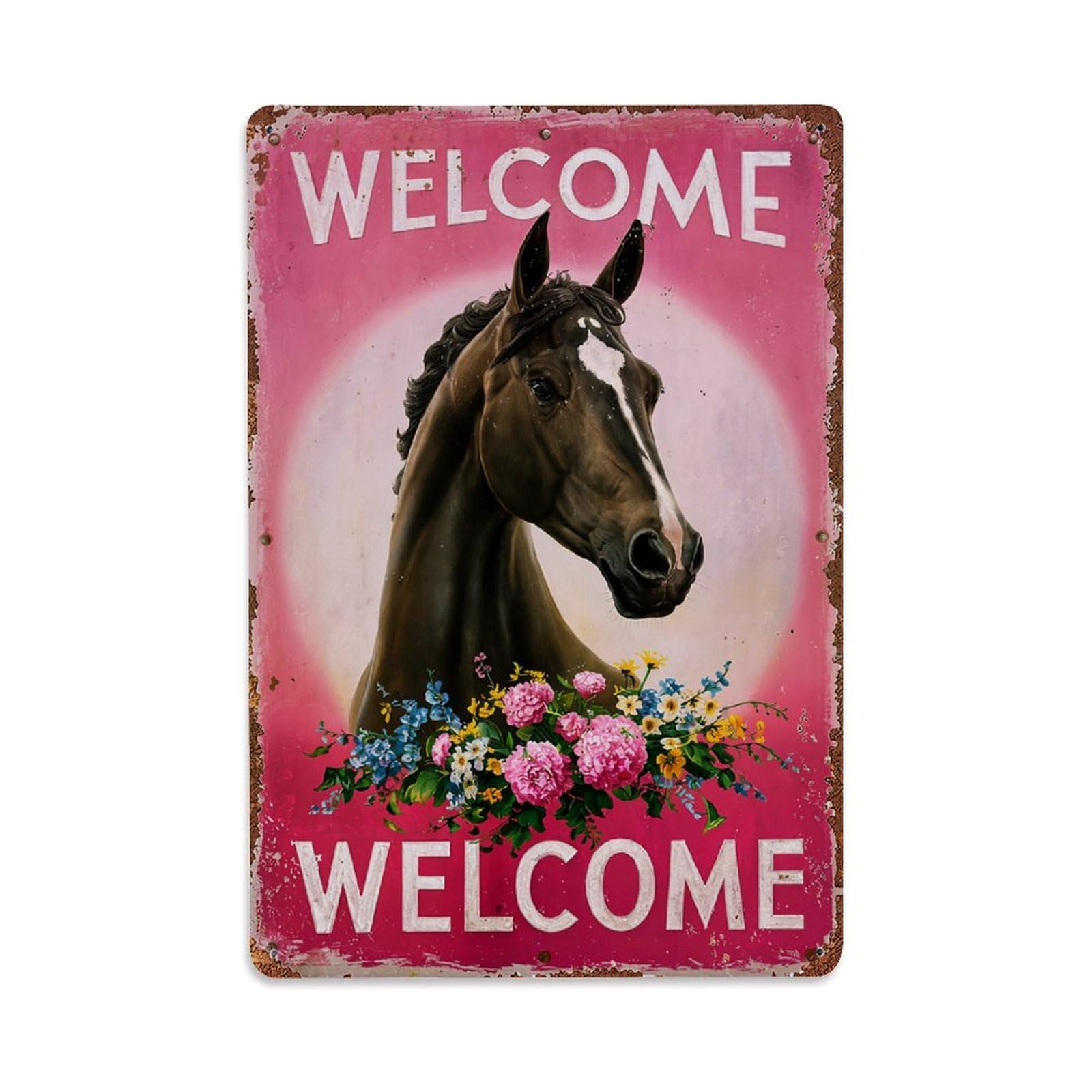 Horse Floral Welcome Sign Art Retro Metal Tin Sign, Vintage Decor Art Poster for Bar, Home, Man Cave, Kitchen, Laundry Room Gift 8x12Inch