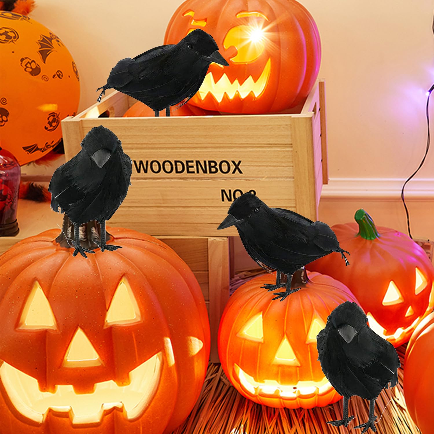 4 Künstliche Krähen Für Halloween – Realistische Schwarze Raben-Deko