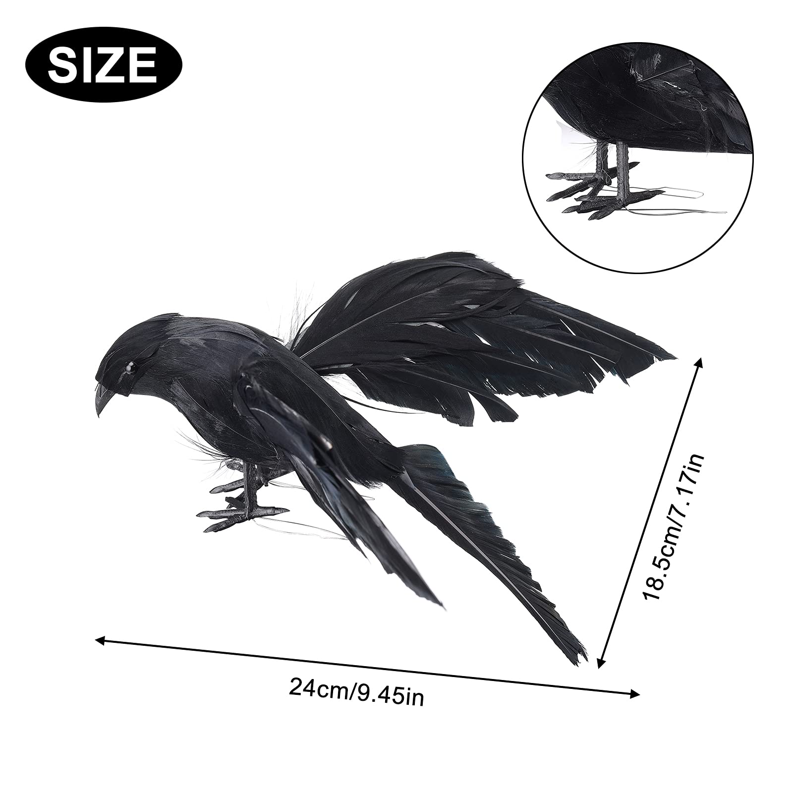 2er-Set Krähen Halloween-Dekoration – Künstliche Schwarze Raben Mit Federn – 17 X 4,5 X 6,5 Cm – Für Garten, Veranda & Partys