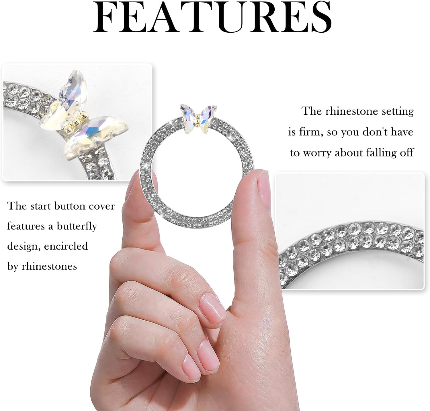 2PCS Bling Car Push Start Button Cover Decoration Ring,Shiny Push to Start Button Cover Ring with Rhinestone Butterfly Design for Decoration,Cars Starts Buttons Covers for Girls (Silver) image 3