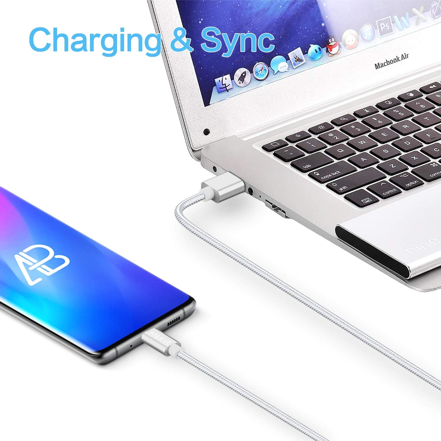 USB Type C Cable Fast Charging, ANUEVE USB C to USB A Cable Short (1ft/2Pack), Nylon Braided Charger Cable Compatible for Samsung Galaxy Note 9, S8,S9, S10,MacBook, Sony XZ, LG V20, HTC 10 and More