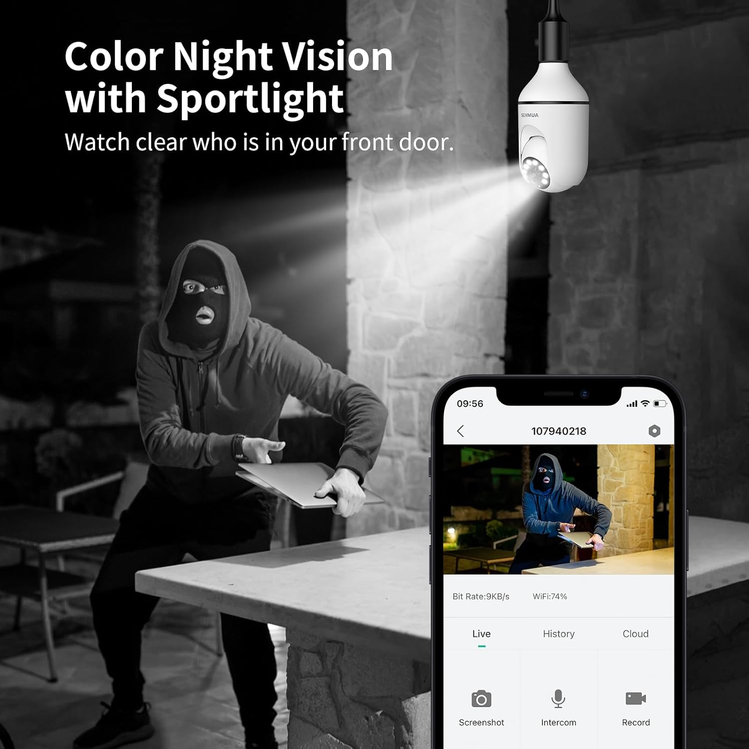 SEHMUA camera with spotlight illuminating a person in the dark, demonstrating color night vision.