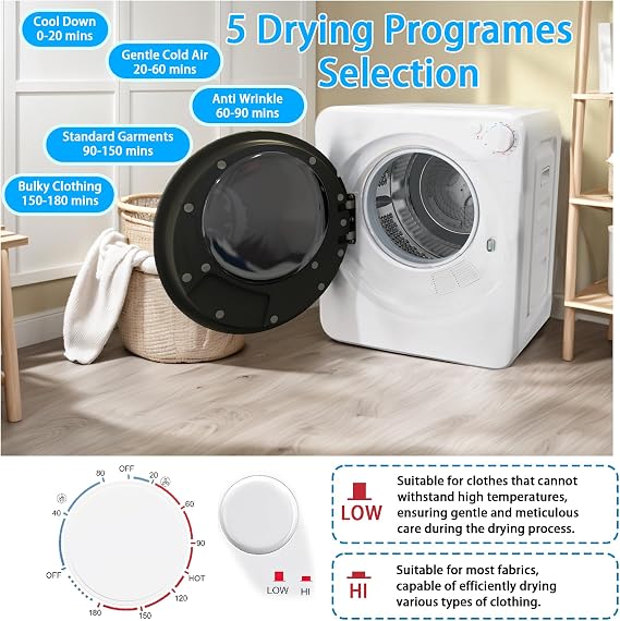Erivess 1.8 cu.ft Portable Clothes Dryer with 5 Modes, 800W Compact Dryer with Stainless Steel Tub, Auto Stop & Easy Control Small Dryer Machine, Ideal for Laundry, Apartments, Dorms, RVs, White