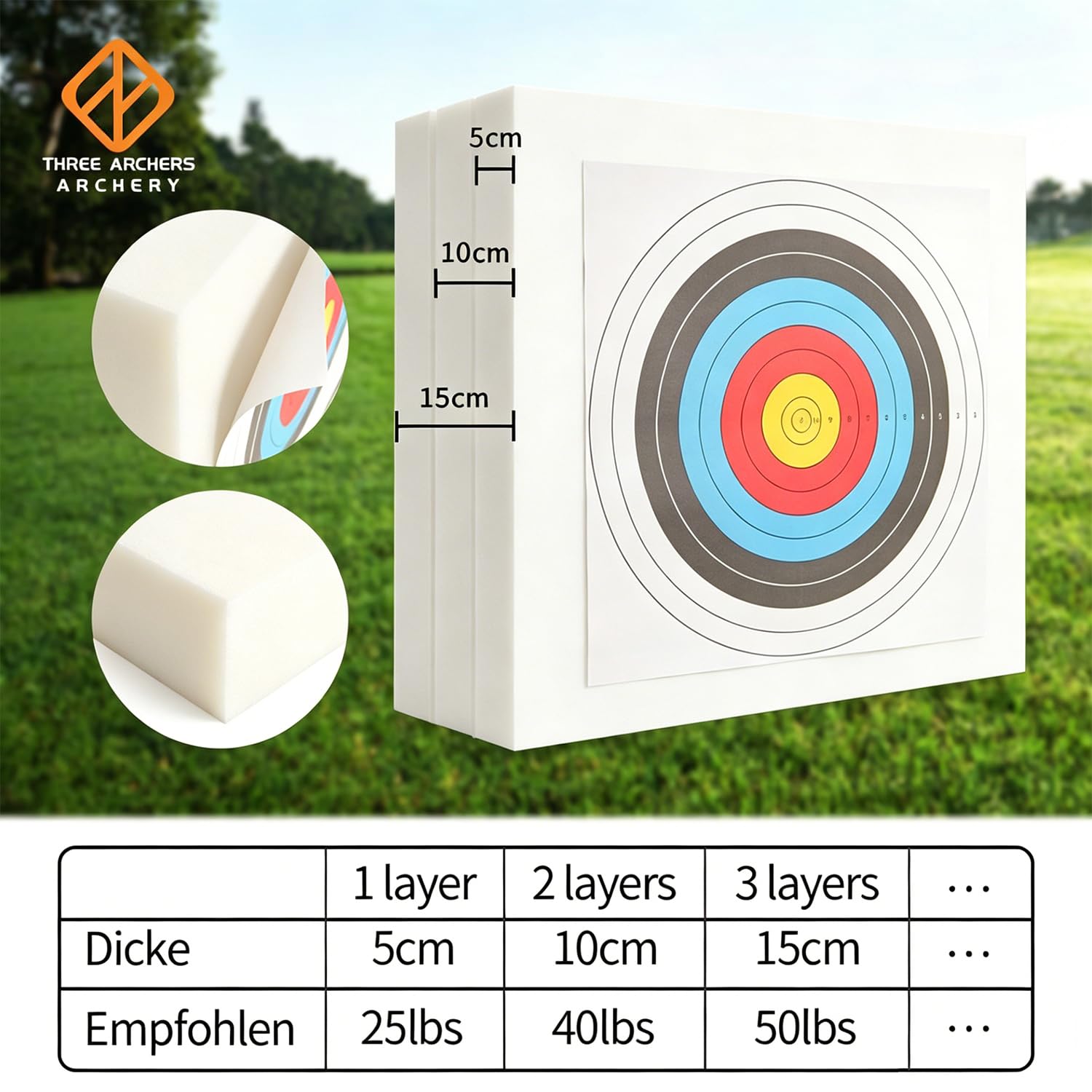 THREE ARCHERS Zielscheibe Bogenschießen 50x50cm Zielscheibenset Leichte und Langlebige Hochdichte Schaumscheibe mit 5 Auflagen und 4 Scheibennägeln für Bogensport Ziel