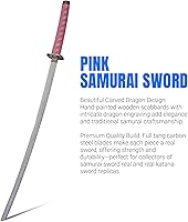 Vista 3 de Katana de dragón antiguo de 3 piezas rosa con vaina grabada y soporte de exhibición