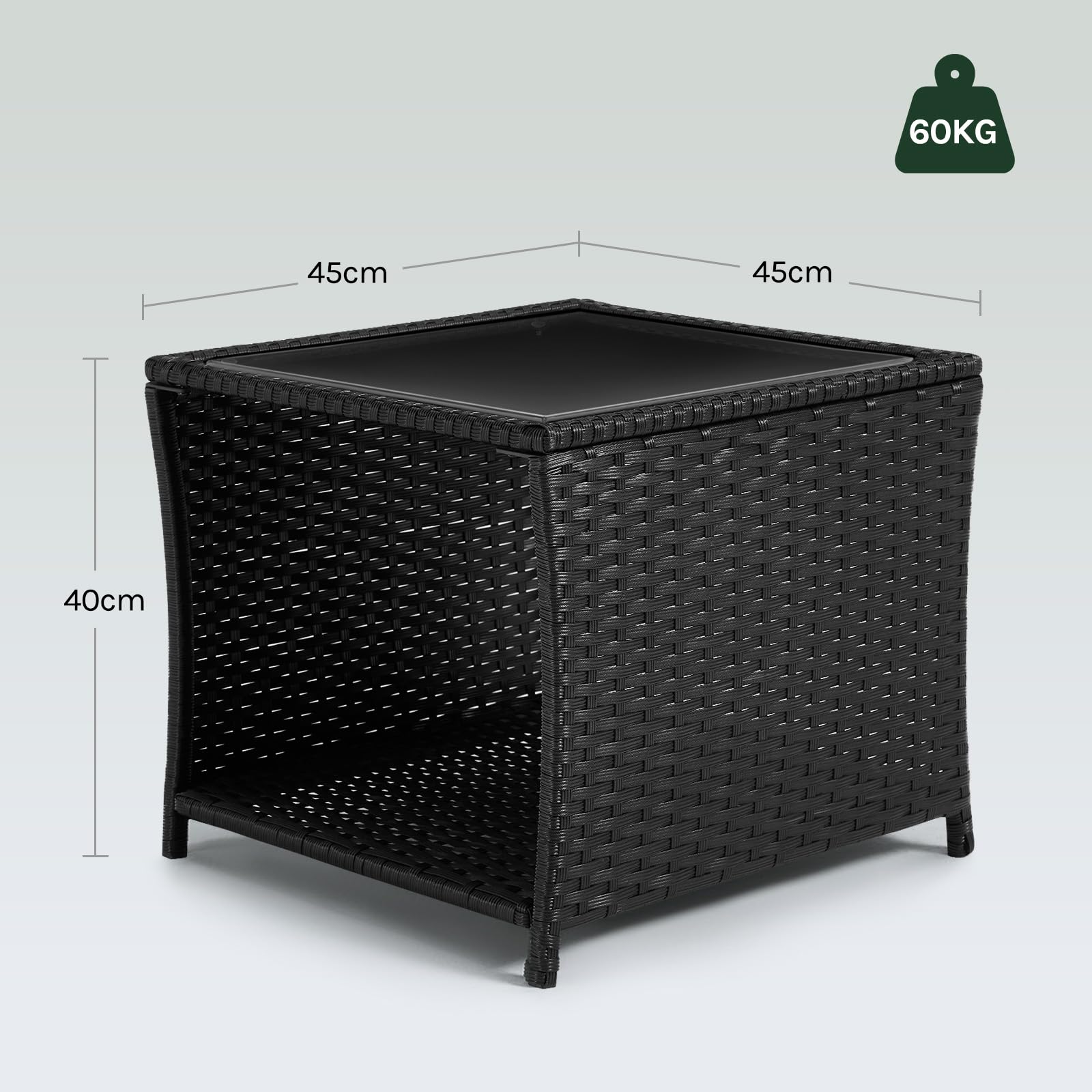WOLTU Polyrattan Gartentisch, 45x40x45 cm, Beistelltisch mit Glasplatte offenem Fach, Balkontisch wetterfest, Terrassentisch, Outdoor Tisch, Schwarz