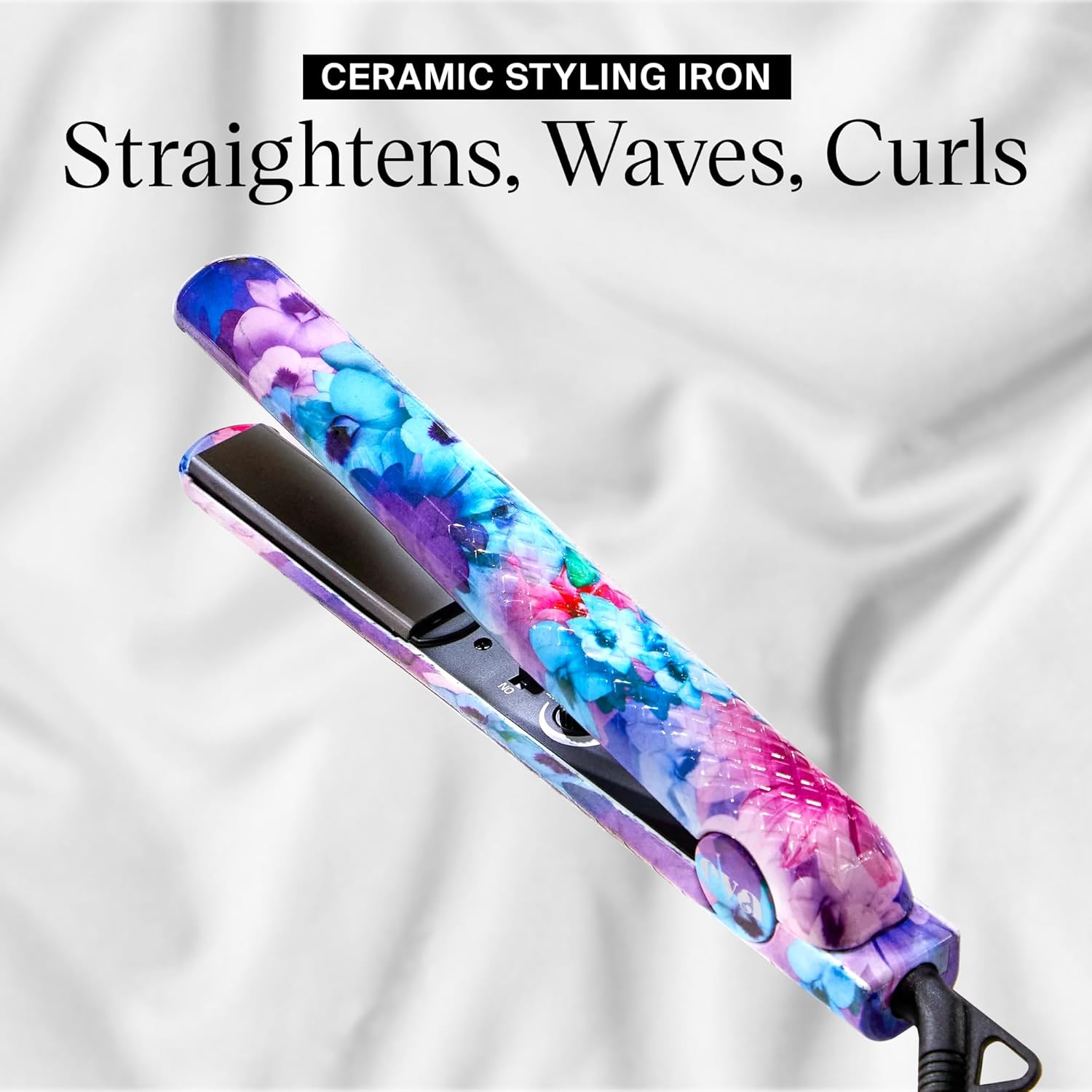 Eva NYC Healthy Heat Ceramic Styling Hair Iron, Flat Iron Hair Straightener with Far-Infrared, Hair Iron Straightener with Adjustable Heat, Straightening & Curling Tool, 1.25 Inches, Floral Frenzy