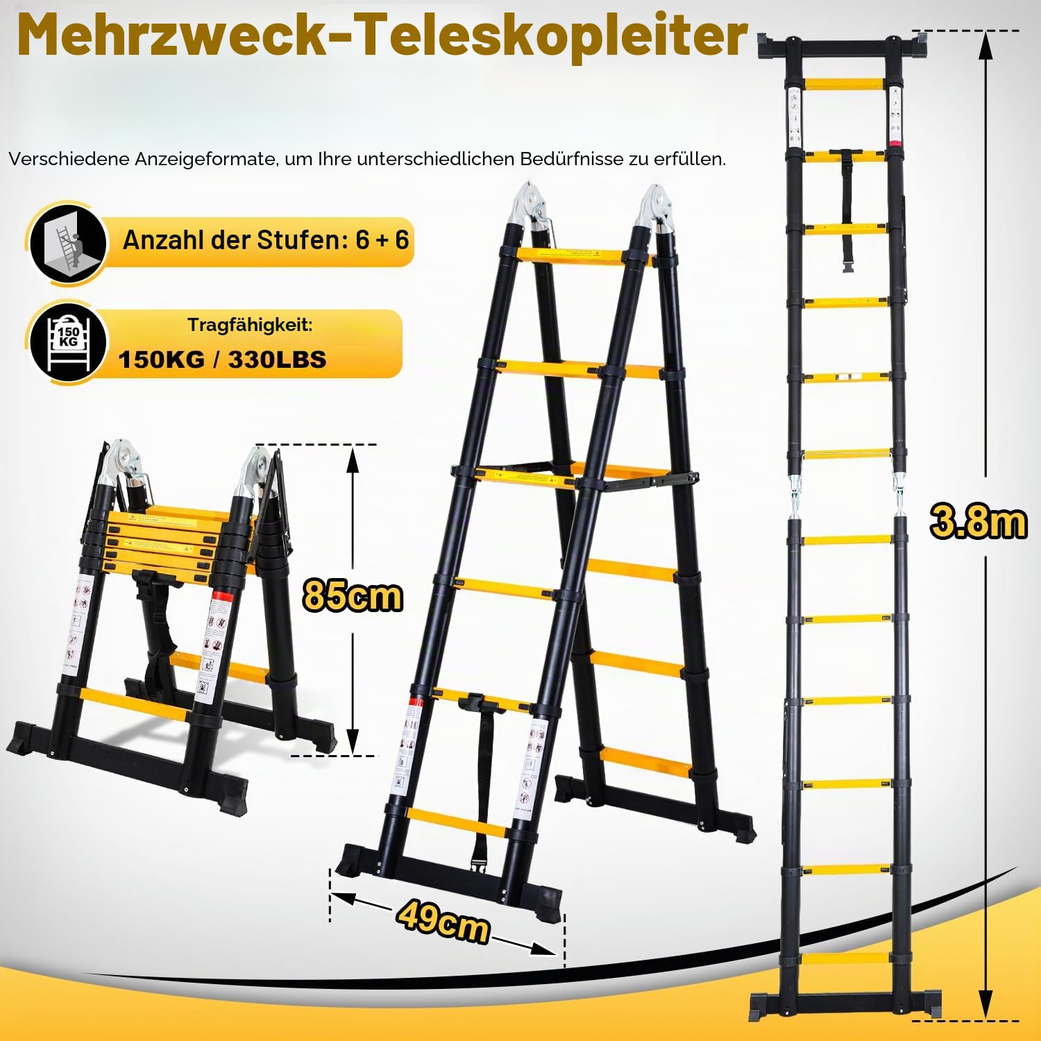 3.8M (1.9+1.9) Teleskopleiter, rutschfeste Mehrzweckleiter Tragbare Aluminium Teleskopleitern Max Belastung 150 kg (Schwarz)
