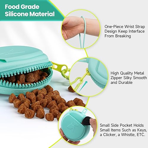 Miniatura 2 de BARKIE Bolsa pequeña de silicona para perros con clicker de entrenamiento para mascotas, 2 unidades, cremallera de metal duradera, correa integrada,