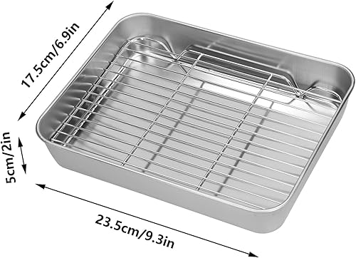 Miniatura 8 de Sartén para asar con estante, bandeja de acero inoxidable para asar pavos, juego de sartén y estante antiadherentes, fácil de limpiar, rectangular,