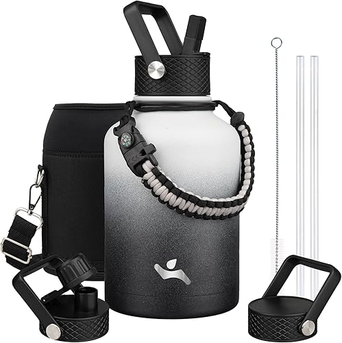 Miniatura 43 de Botella de agua aislada de medio galón con pajilla, jarra de agua de 64 onzas con 3 tapas y bolsa de transporte, asa de paracord, botella de metal