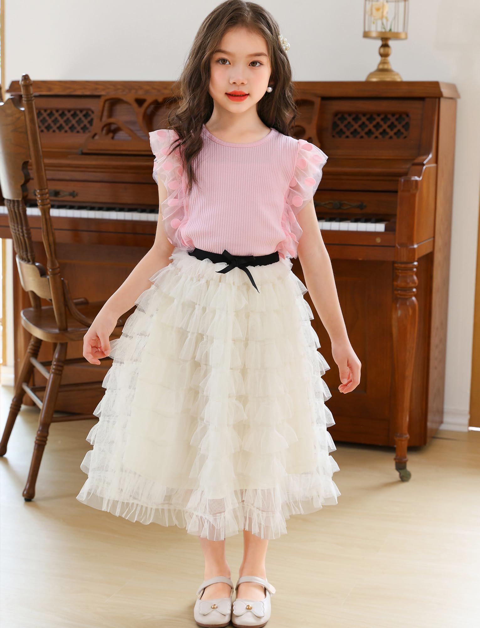 FEOYA Falda larga de verano para niña, falda de tul para niños, falda midi de cintura alta, falda de baile de cintura alta, falda plisada de varias capas, elegante falda casual para fiestas, falda de