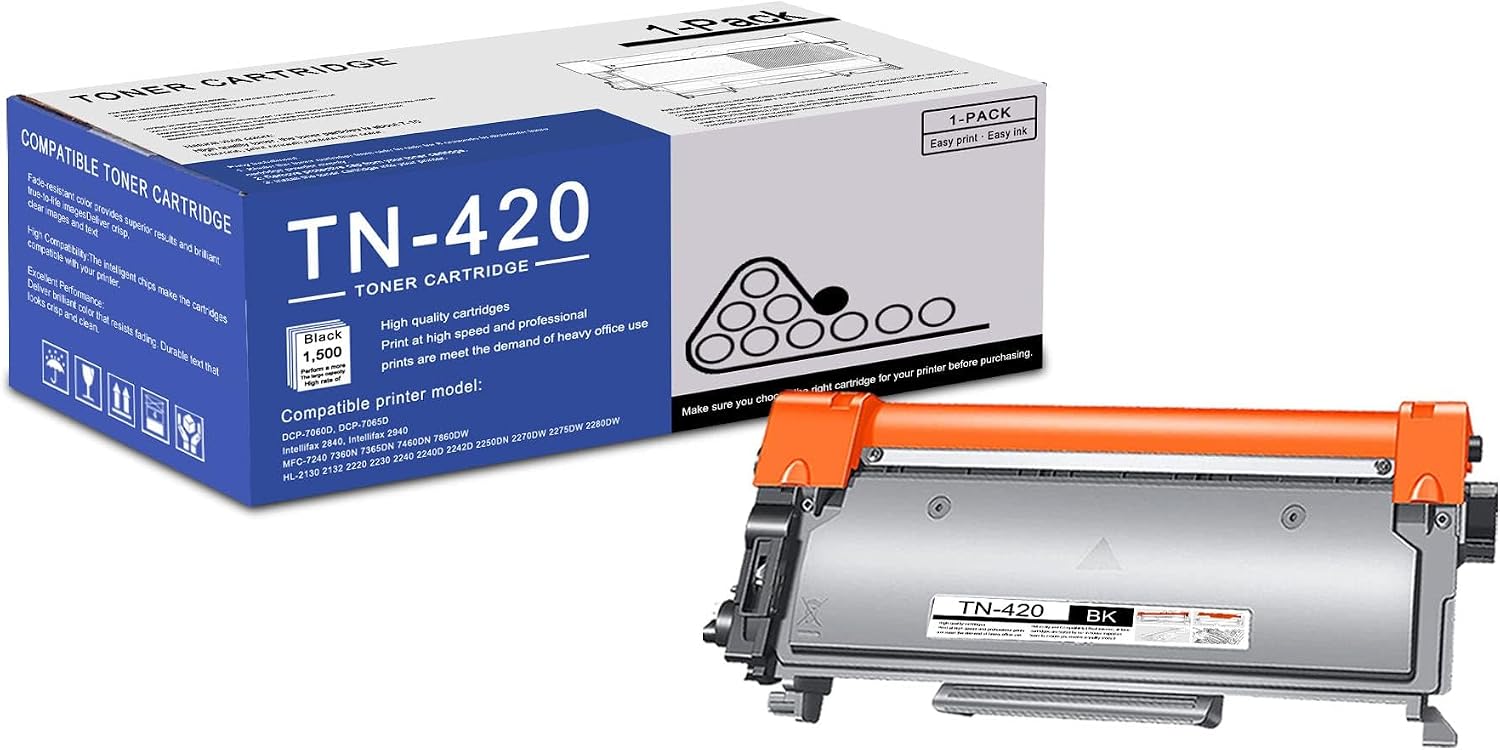 1 Pack TN420 TN-420 Black Toner Cartridge Compatible TN420 Replacement for Brother TN420 DCP-7060D 7065DN IntelliFax-2840 2940 HL-2220 2230 2240D 2275DW 2280DW MFC-7240 7360N 7365DN Printer