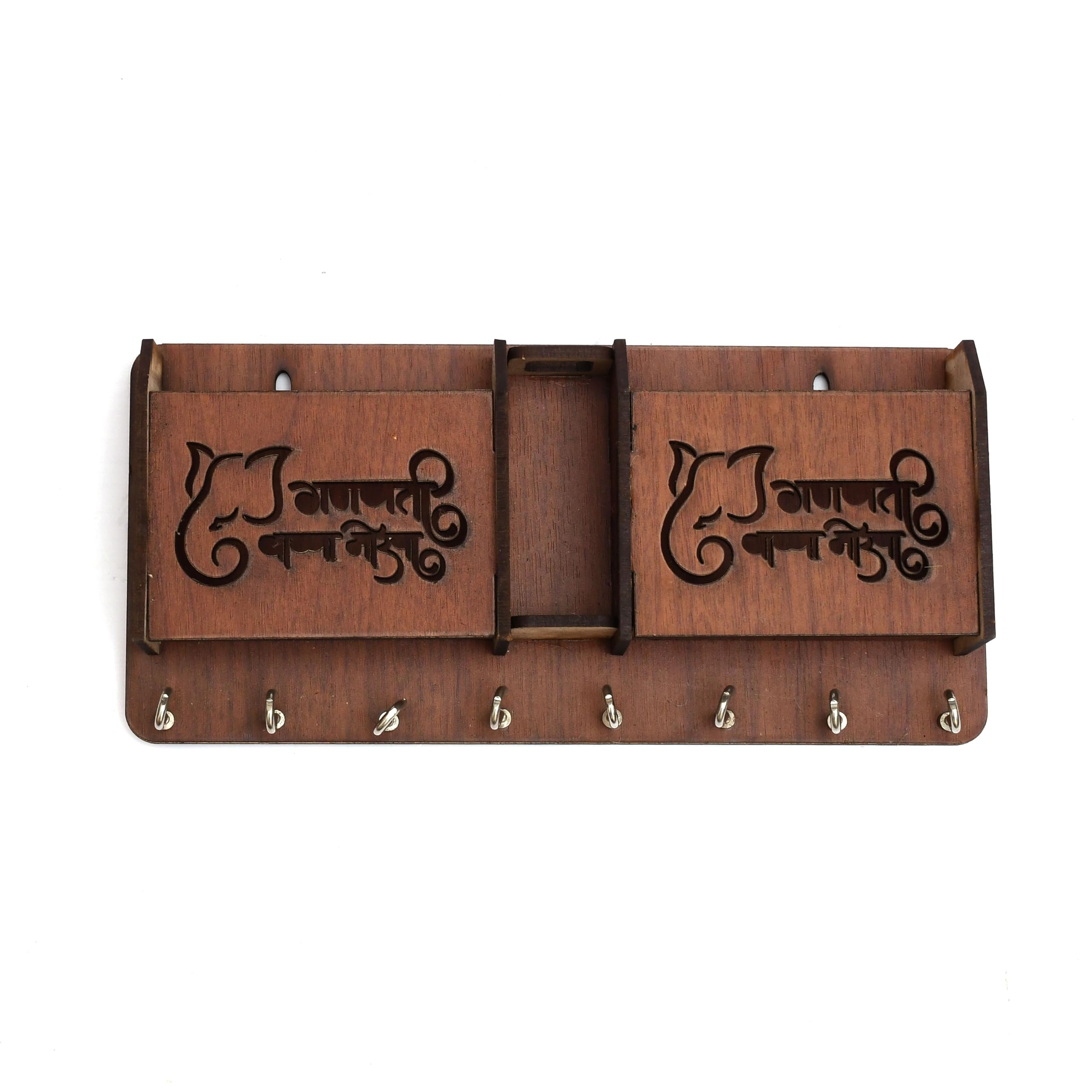 WNC Ganesh Ji Wooden Key Holder with Pen Stand - 8 Hooks, Wall Mounted Organizer for Home Decor (Brown)