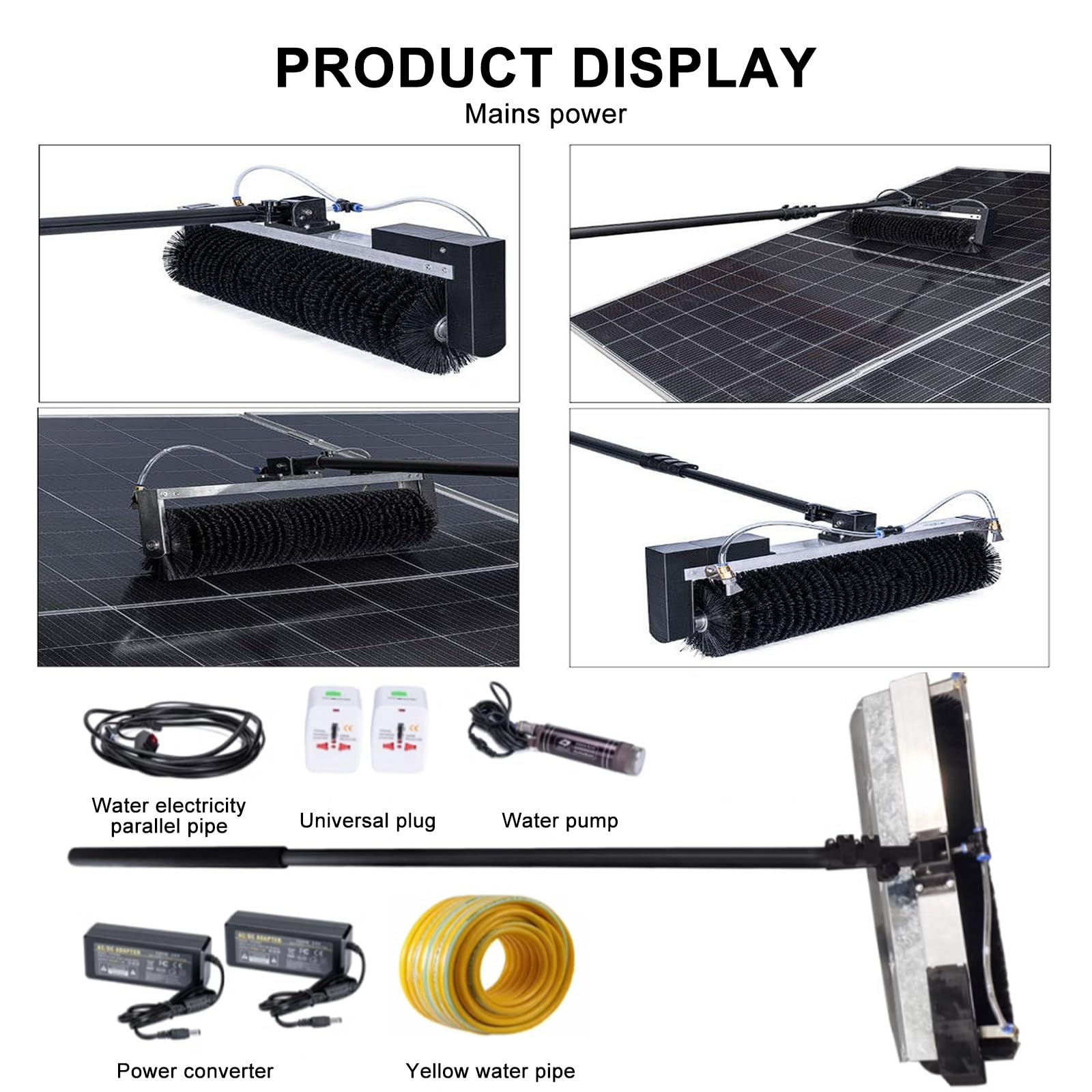 Cepillo de rodillo de limpieza automática de alimentación de agua para paneles solares y ventanas, poste telescópico de 7,5 m