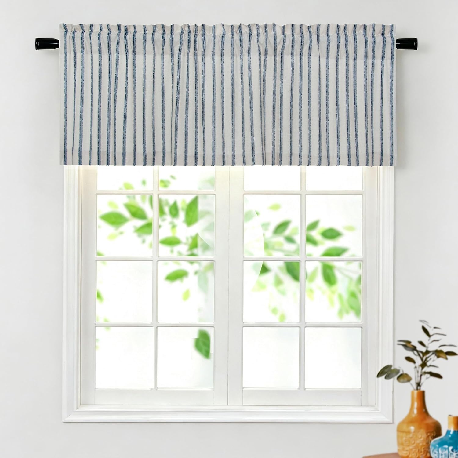Premium Linen Blend Blue Striped Valance, Soft Farmhouse Printed Window Valance for Kitchen, Bathroom, Bedroom,3" Rod Pocket Light Filtering Curtain Toppers（Blue,W52XL18 inch