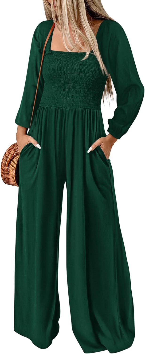 KIRUNDO Women's 2024 Fall Long Sleeve Jumpsuits Casual Dressy One Piece Loose Smocked Wide Leg Pants Romper With Pockets Medium Dark Green