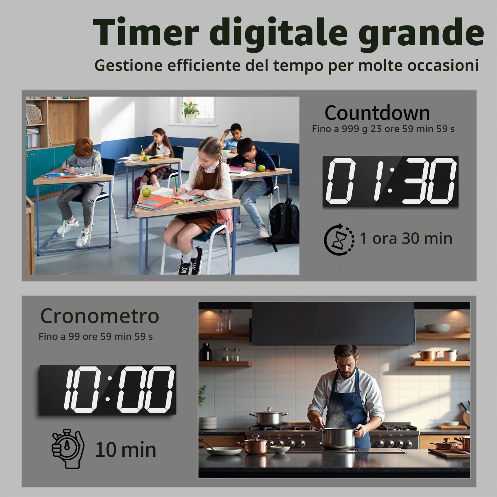 CHKOSDA Orologio da parete digitale automic, 47 cm, orologio digitale a LED con ampio display, orologio da parete multifunzione con sveglia e timer, sincronizzazione automatica dell'ora con luminosità