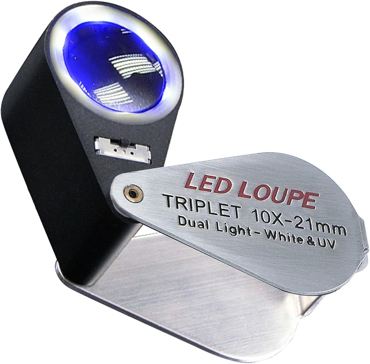 Jewelers Loupe Magnifier, Jewelry Loop Magnifier with Light 21mm lens, Triplet Loupe 10X for Coin, Gem, Stamp, Diamond etc (White LED & UV Light)