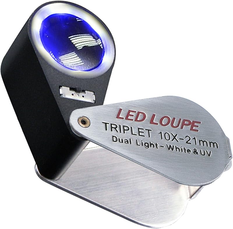 Lupa para joyeros, lupa con luz, lupa triplete Hastings 10X para monedas, gemas, sellos, diamantes, etc. (LED blanco y luz UV)