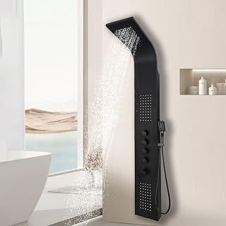 Elbe Duschpaneel gebürstetem Edelstahl 304 mit Thermostat, 2 Massagendüsen, Wasserfalldusche, Kopfdusche, Handbrause (Schwarz)