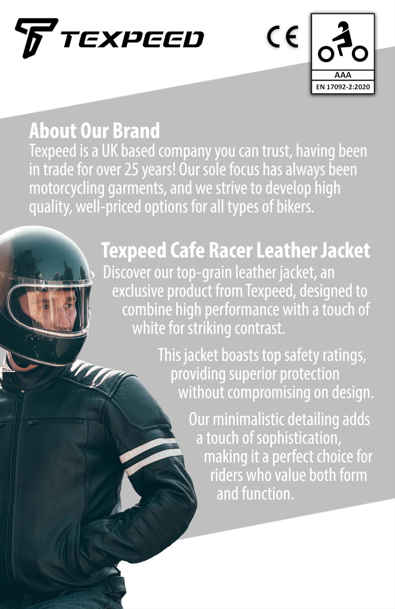 Texpeed Męska skórzana kurtka motocyklowa - Kurtka motocyklowa typu touring z prawdziwą ochroną motocyklową (EN 1621-1) - Styl Café Racer – Czarna z Białym Paskiem - XL