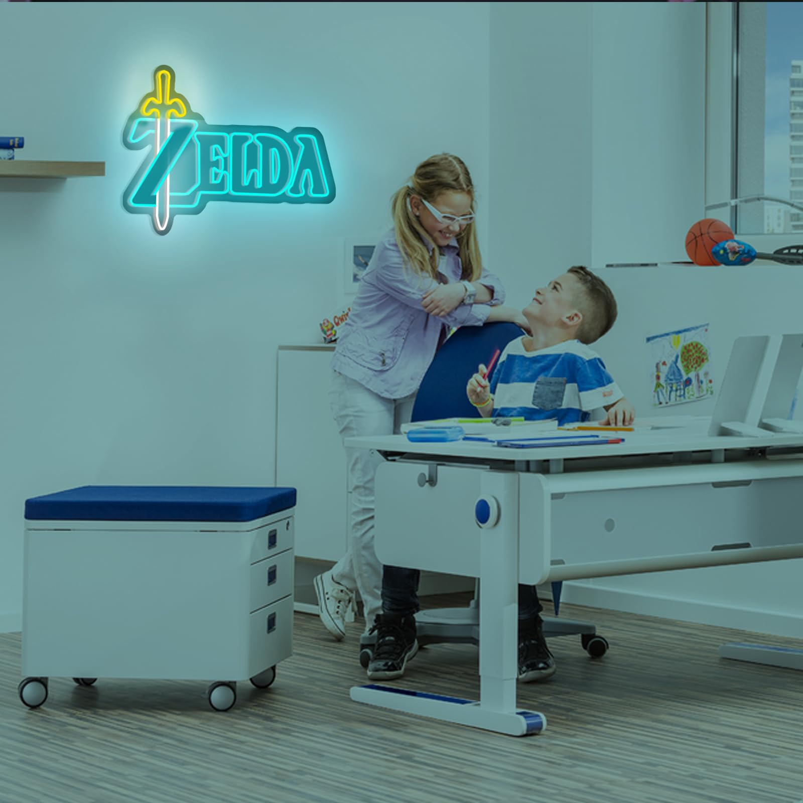 ZELDA Game Elements Logo LED Néon Cadeau pour les amis et la famille Interrupteur d'alimentation USB Lumière réglable Studio d'étude Club Décoration murale Néon 5 V (Jaune + Bleu glacier)