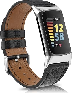Vancle Leather Bands for Fitbit Charge 5 Bands Women Men, Top Grain Leather Band Replacement Wristbands Straps for Fitbit Charge 5 Advanced Fitness Tracker (Black)