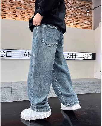 Teen Boys Baggy Jeans Elastic Waisted Wide Leg Pull On Denim Pants | Straight Leg Jeans for Boys, Big Kids Casual Baggy Denim Pant with Pockets