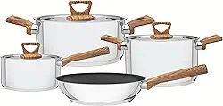 Jogo de Panelas Brava Antiaderente Cabos e Alças com Acabamento Efeito Amadeirado, Tramontina, Inox, 4 Peças