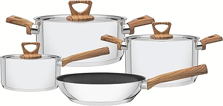 Jogo de Panelas Brava Antiaderente Cabos e Alças com Acabamento Efeito Amadeirado, Tramontina, Inox, 4 Peças